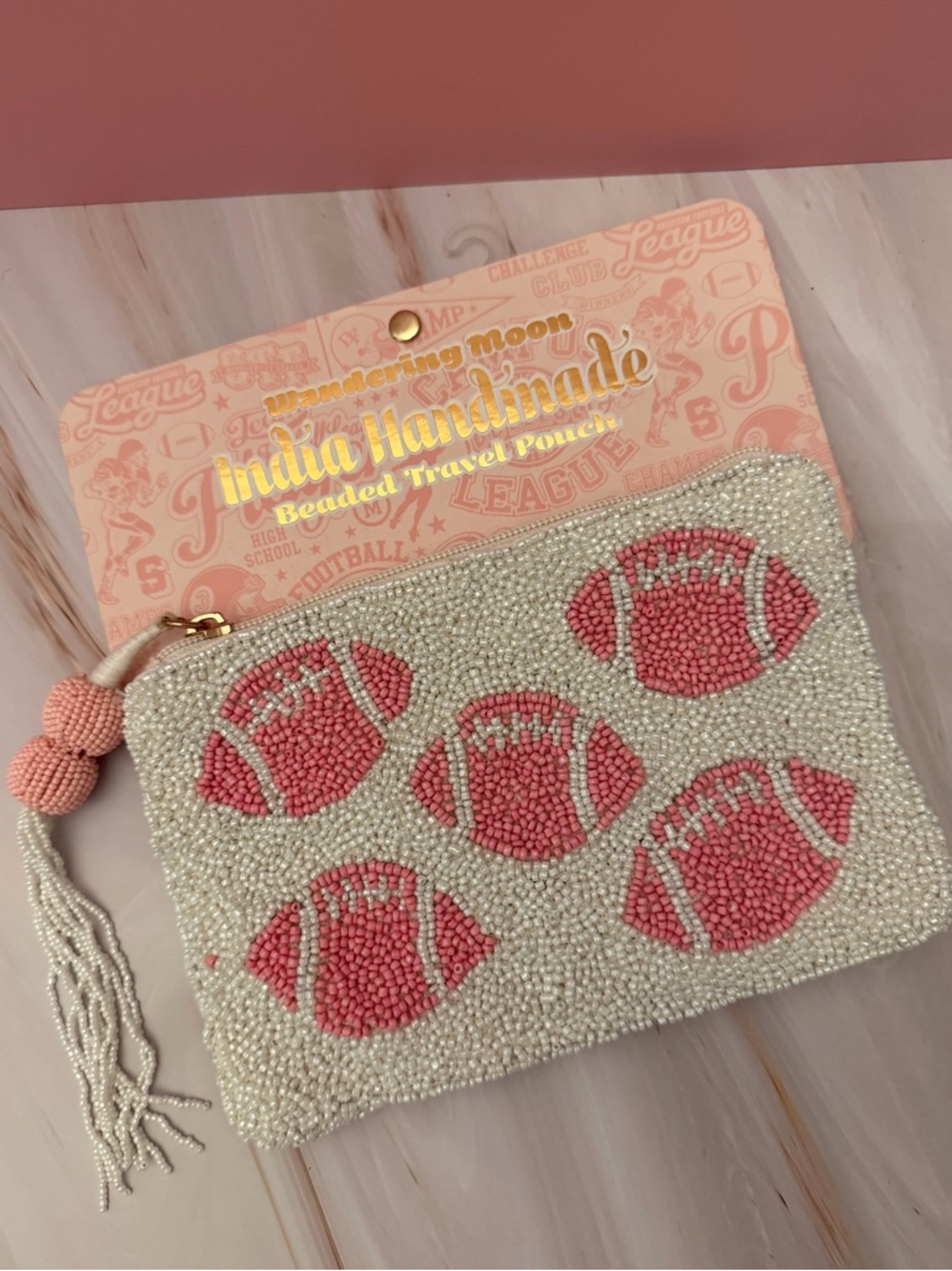 Wandering Moon - Pink White Beaded Football Pouch with Tassel